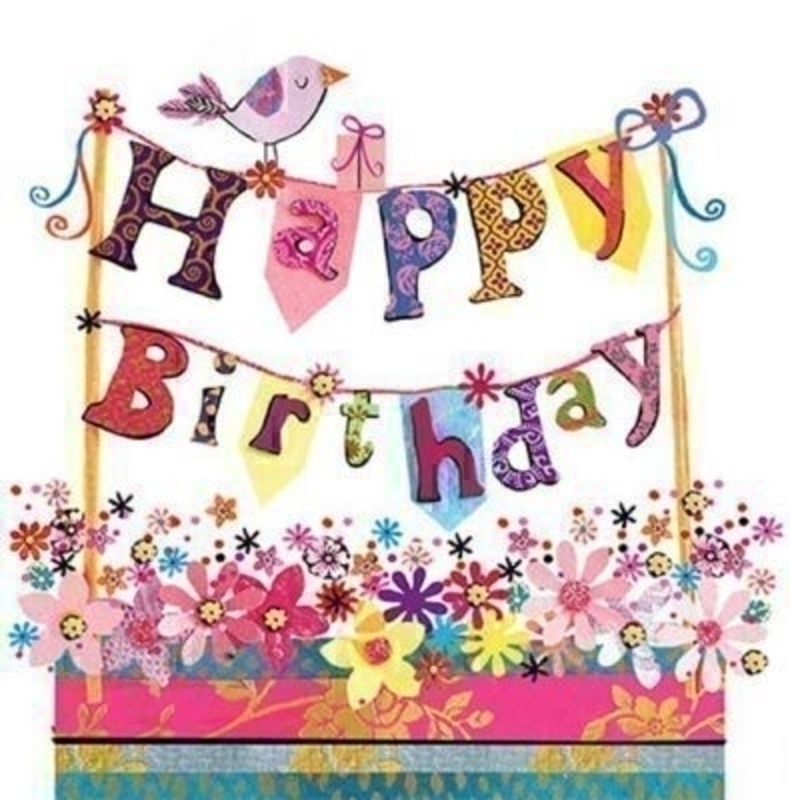 Happy Birthday Card Bunting Artisan Paper Rose Happy Birthday Card Bunting Artisan Paper Rose. This Gorgeous Happy Birthday card is an image of embossed bunting and flowers. Says 'Happy Birthday' on the front and 'Have a wonderful Birthday' on the inside. Size 15.5x15.5cm Comes with a purple envel